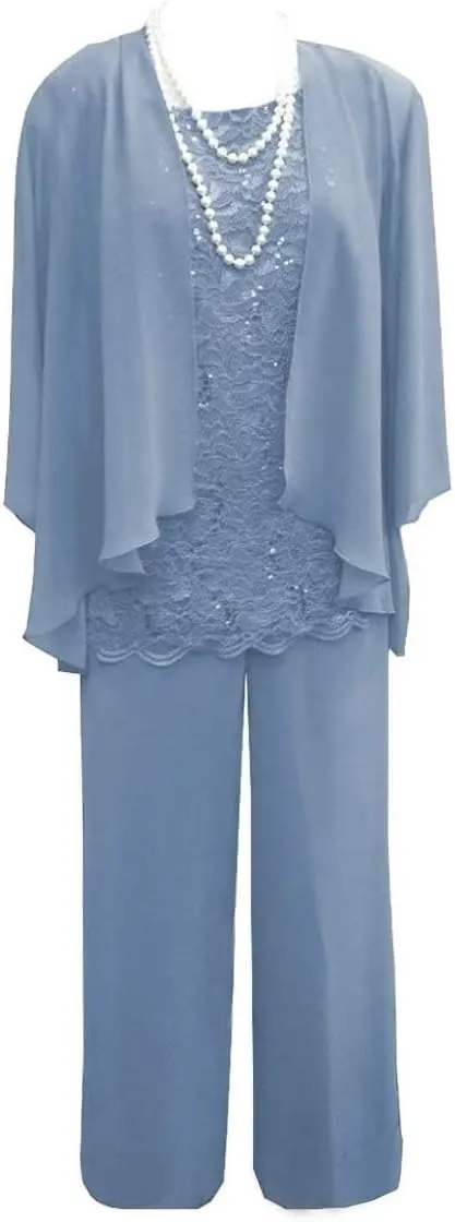 3 Pieces Mother of The Bride Pant Suits Lace Chiffon Formal Wedding Guest Dress with Jacket