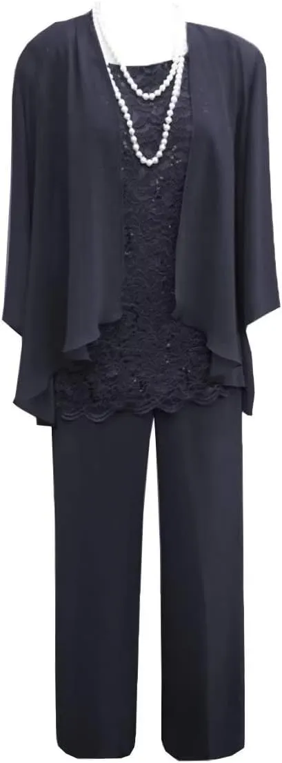 3 Pieces Mother of The Bride Pant Suits Lace Chiffon Formal Wedding Guest Dress with Jacket