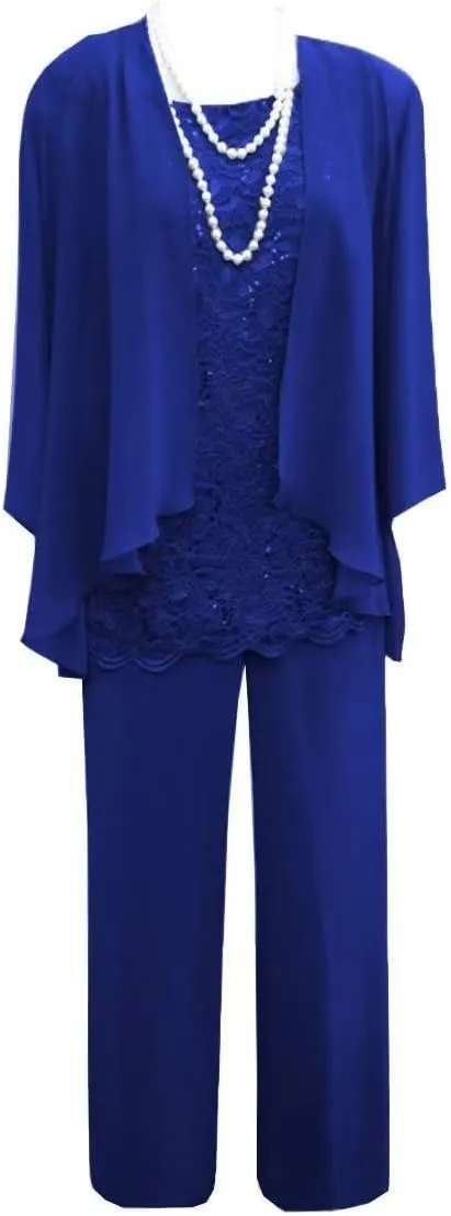 3 Pieces Mother of The Bride Pant Suits Lace Chiffon Formal Wedding Guest Dress with Jacket