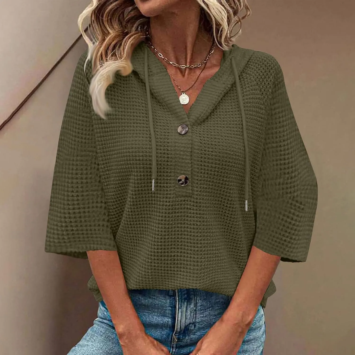 3/4 Length Sleeve Spring Tops for Women 2025 Waffle Knit Hooded Shirts Drawstring Buttons V Neck Blouses Comfy Clothes
