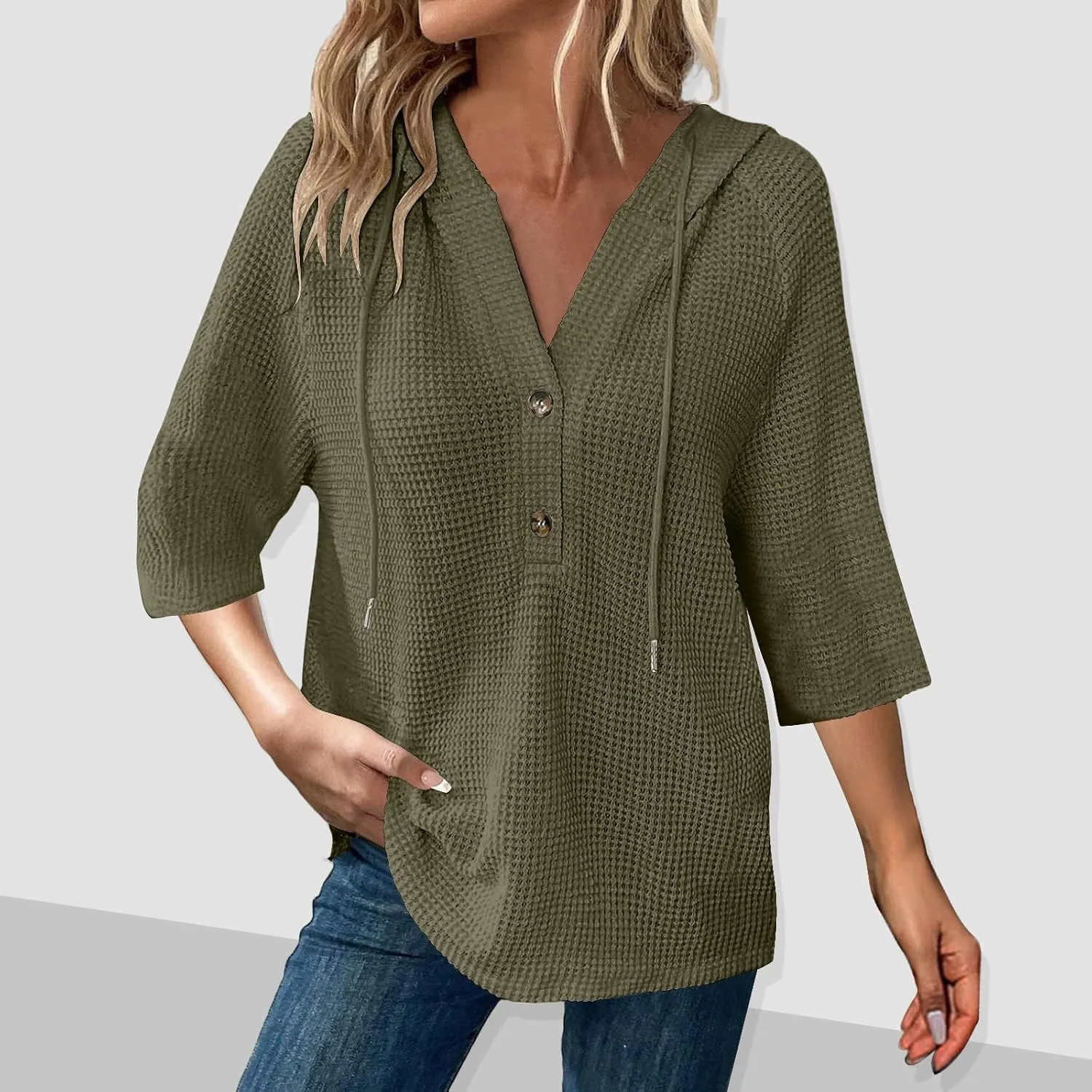 3/4 Length Sleeve Spring Tops for Women 2025 Waffle Knit Hooded Shirts Drawstring Buttons V Neck Blouses Comfy Clothes