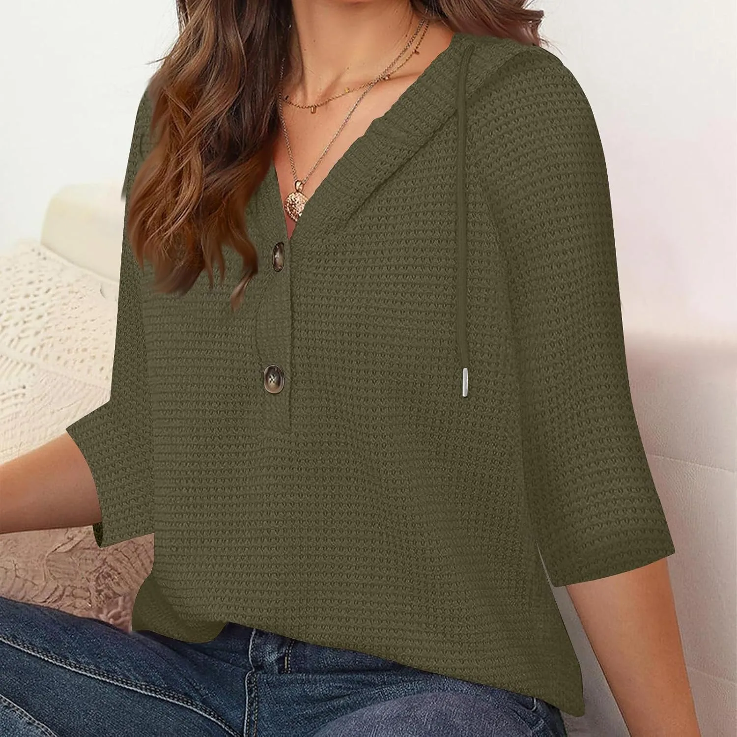 3/4 Length Sleeve Spring Tops for Women 2025 Waffle Knit Hooded Shirts Drawstring Buttons V Neck Blouses Comfy Clothes