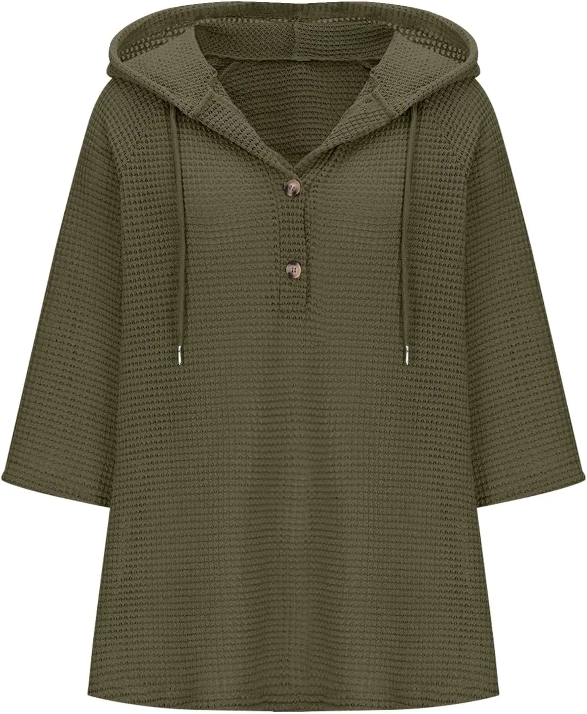 3/4 Length Sleeve Spring Tops for Women 2025 Waffle Knit Hooded Shirts Drawstring Buttons V Neck Blouses Comfy Clothes