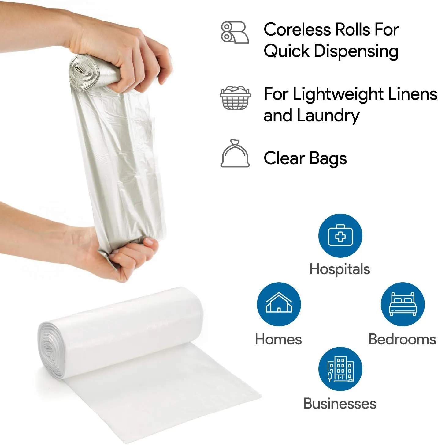 7-10 Gallon Clear Garbage Can Liners, 250 Count - Small - Medium Trash Can Liners - High Density, Thin, Lightweight, 8 Microns - For Office, Home, Hospital Wastebaskets - 5 Coreless Rolls