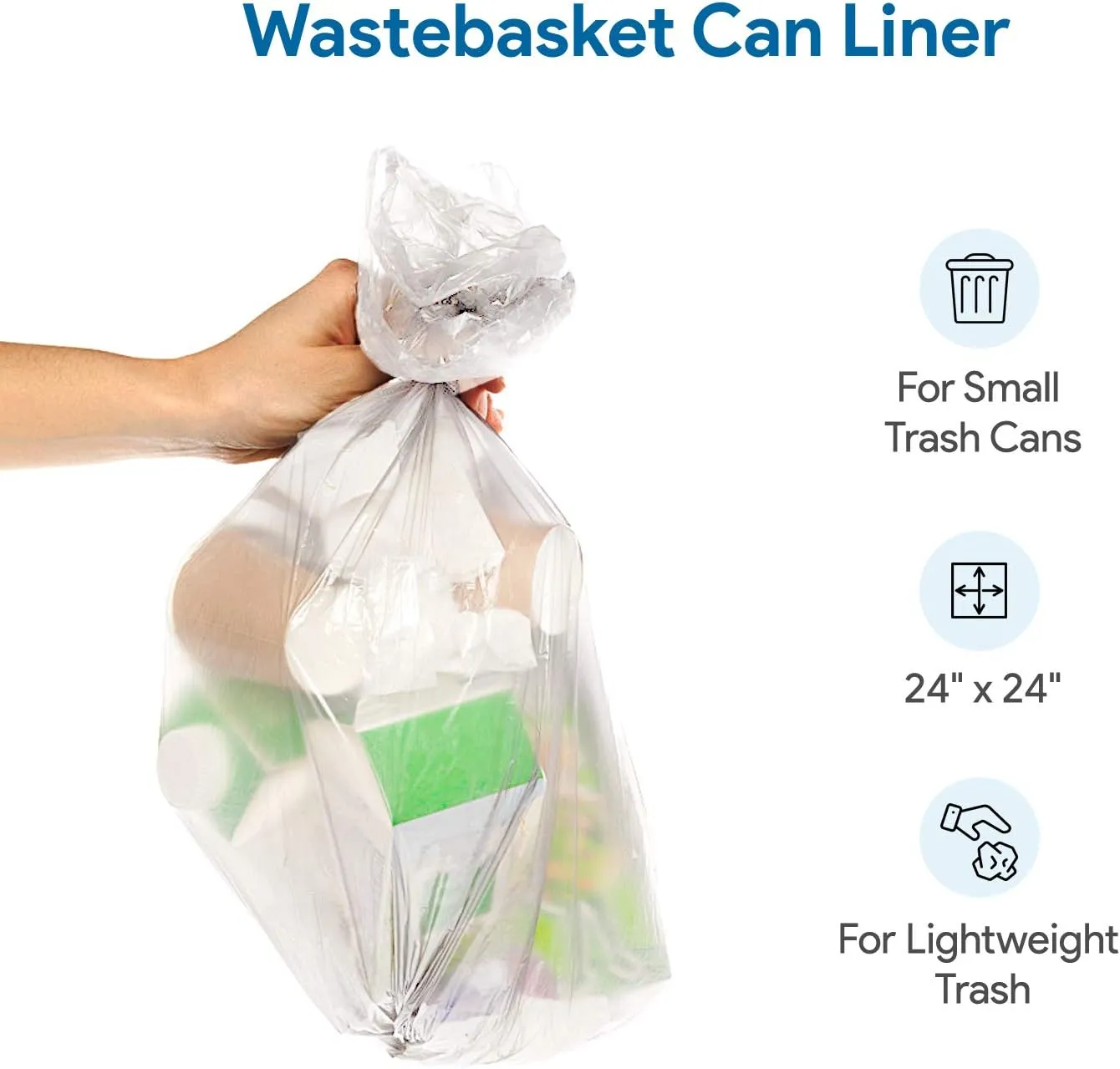7-10 Gallon Clear Garbage Can Liners, 250 Count - Small - Medium Trash Can Liners - High Density, Thin, Lightweight, 8 Microns - For Office, Home, Hospital Wastebaskets - 5 Coreless Rolls