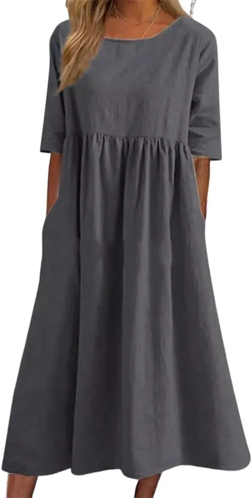 Akivide Women's Summer Cotton Linen Short Sleeve Midi Dress Casual Boho Beach Vacation Long Tshirt Dress with Pockets