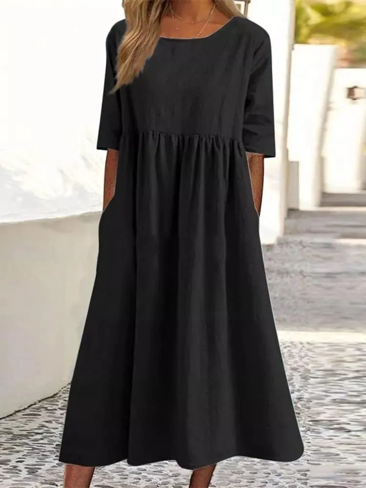 Akivide Women's Summer Cotton Linen Short Sleeve Midi Dress Casual Boho Beach Vacation Long Tshirt Dress with Pockets
