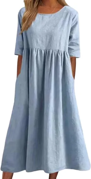 Akivide Women's Summer Cotton Linen Short Sleeve Midi Dress Casual Boho Beach Vacation Long Tshirt Dress with Pockets