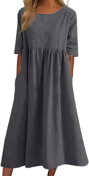 Akivide Women's Summer Cotton Linen Short Sleeve Midi Dress Casual Boho Beach Vacation Long Tshirt Dress with Pockets