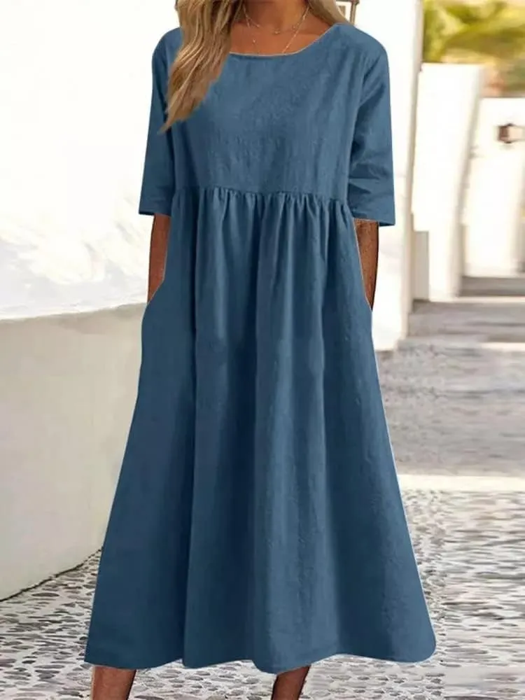 Akivide Women's Summer Cotton Linen Short Sleeve Midi Dress Casual Boho Beach Vacation Long Tshirt Dress with Pockets