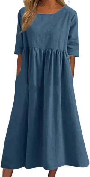 Akivide Women's Summer Cotton Linen Short Sleeve Midi Dress Casual Boho Beach Vacation Long Tshirt Dress with Pockets
