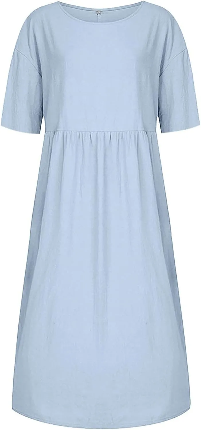 Akivide Women's Summer Cotton Linen Short Sleeve Midi Dress Casual Boho Beach Vacation Long Tshirt Dress with Pockets