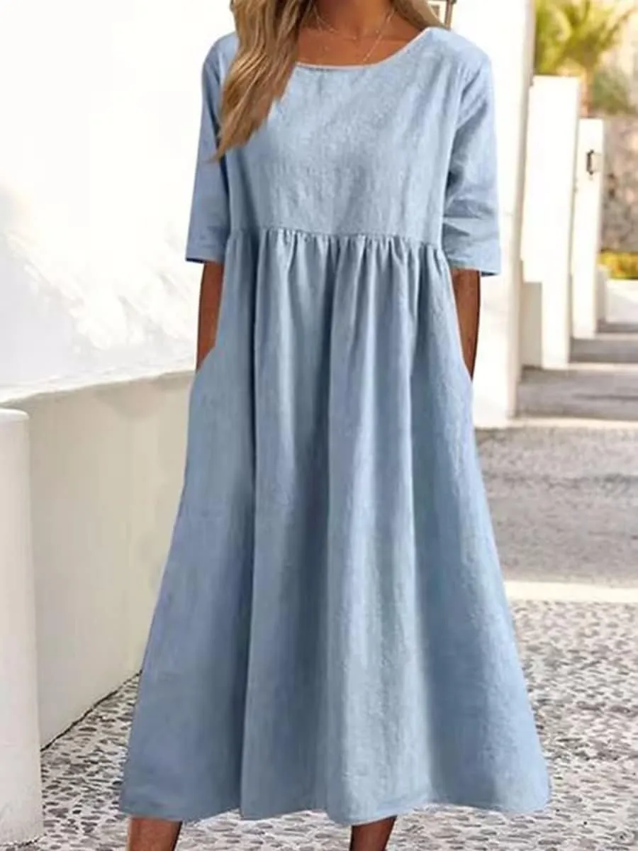 Akivide Women's Summer Cotton Linen Short Sleeve Midi Dress Casual Boho Beach Vacation Long Tshirt Dress with Pockets