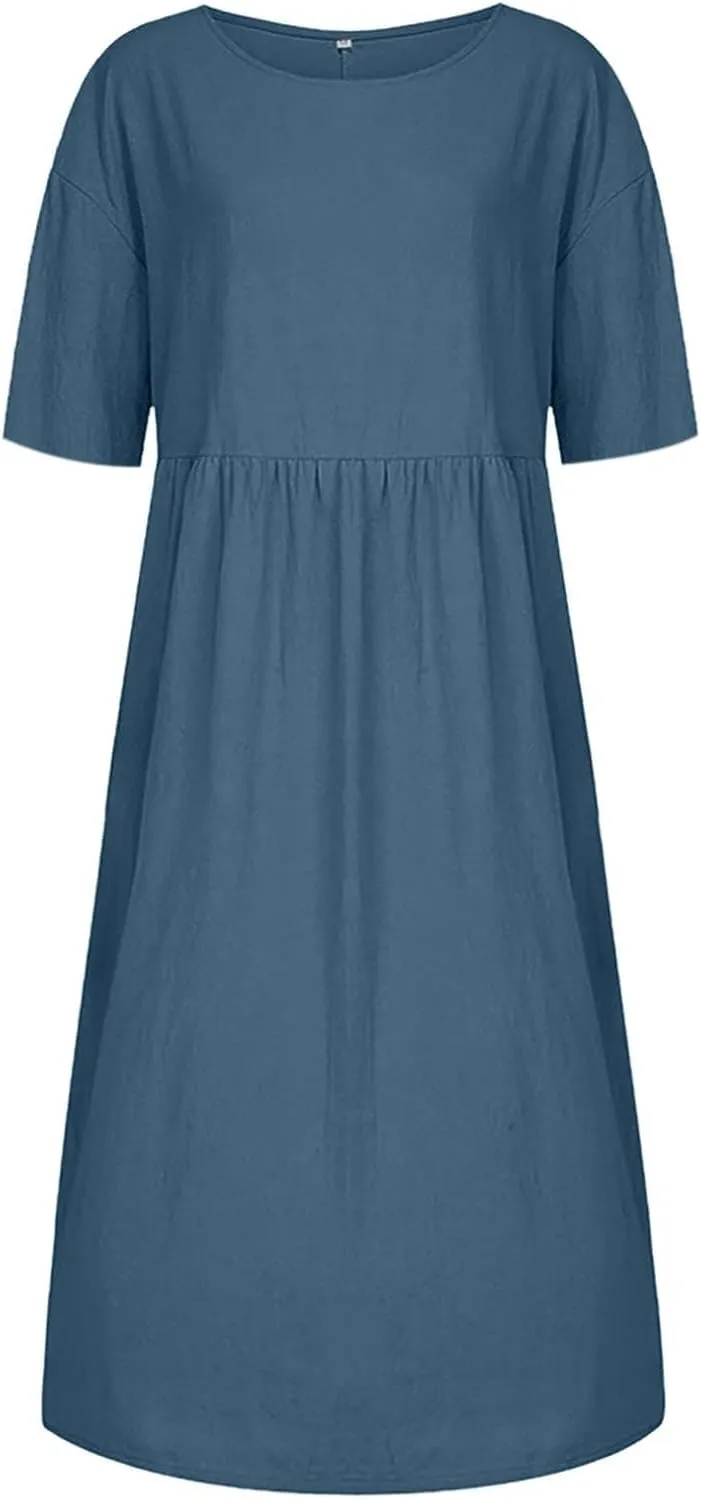 Akivide Women's Summer Cotton Linen Short Sleeve Midi Dress Casual Boho Beach Vacation Long Tshirt Dress with Pockets