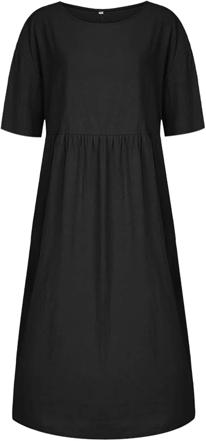 Akivide Women's Summer Cotton Linen Short Sleeve Midi Dress Casual Boho Beach Vacation Long Tshirt Dress with Pockets