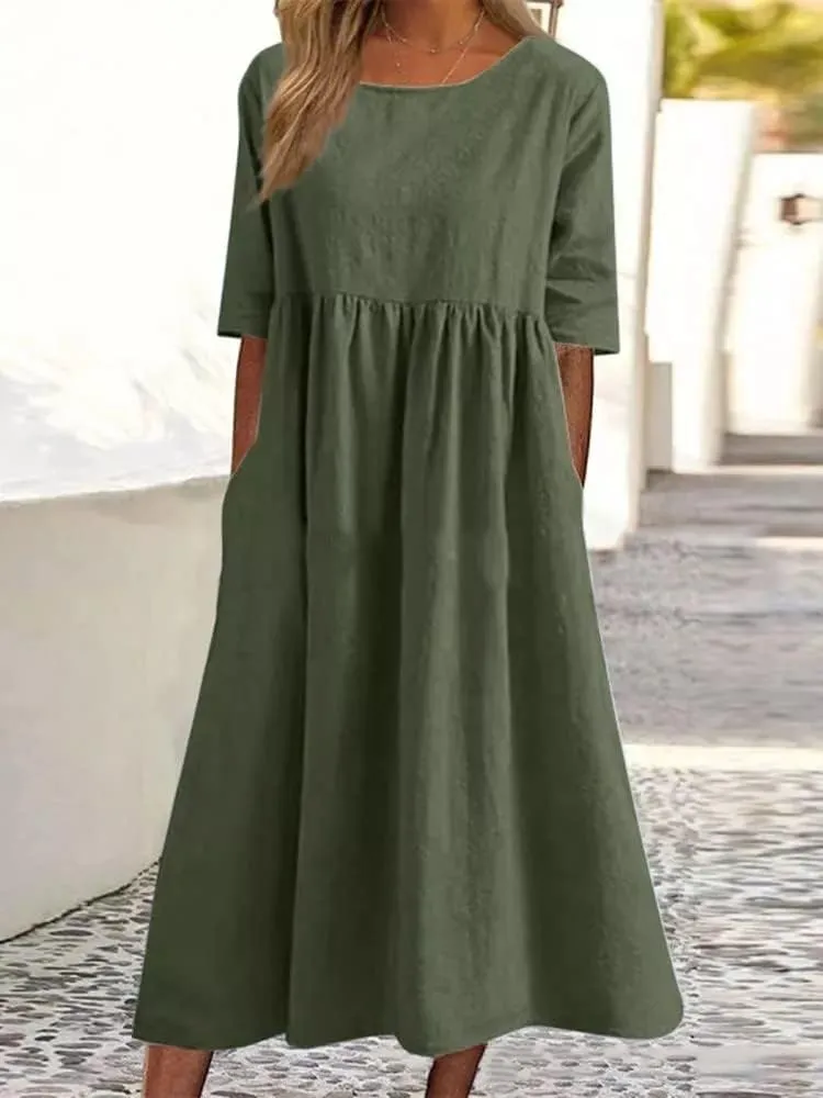 Akivide Women's Summer Cotton Linen Short Sleeve Midi Dress Casual Boho Beach Vacation Long Tshirt Dress with Pockets