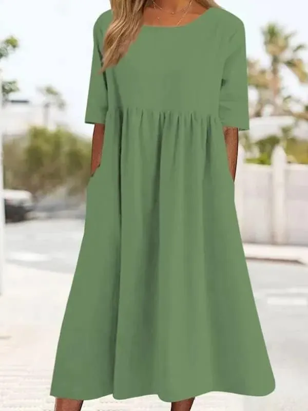 Akivide Women's Summer Cotton Linen Short Sleeve Midi Dress Casual Boho Beach Vacation Long Tshirt Dress with Pockets