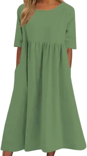 Akivide Women's Summer Cotton Linen Short Sleeve Midi Dress Casual Boho Beach Vacation Long Tshirt Dress with Pockets