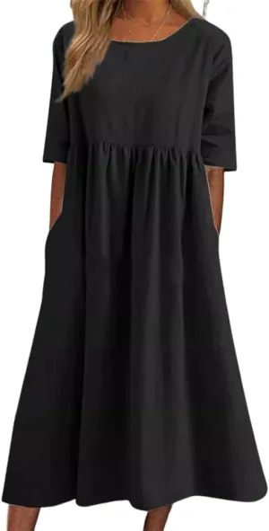 Akivide Women's Summer Cotton Linen Short Sleeve Midi Dress Casual Boho Beach Vacation Long Tshirt Dress with Pockets