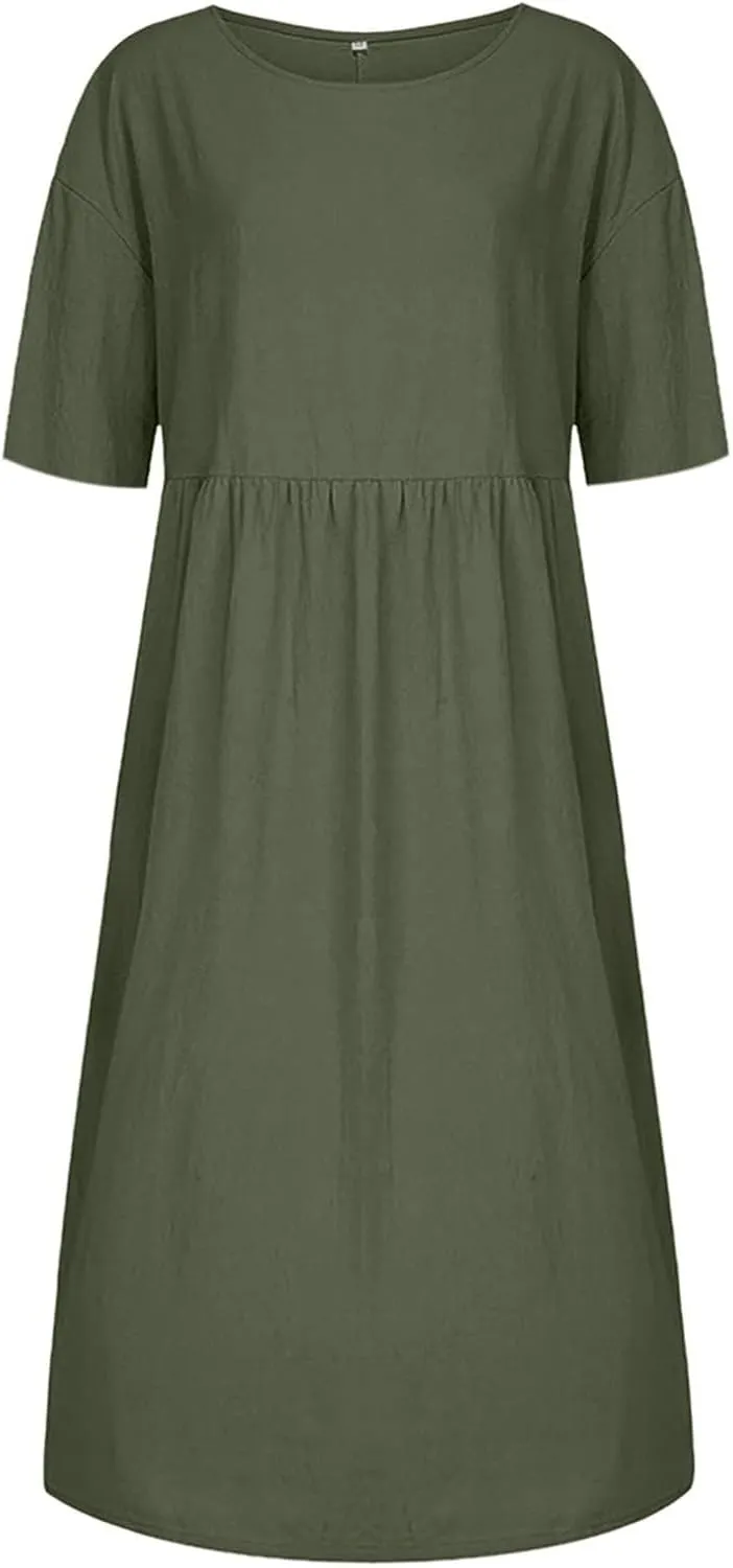Akivide Women's Summer Cotton Linen Short Sleeve Midi Dress Casual Boho Beach Vacation Long Tshirt Dress with Pockets