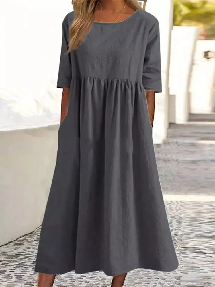 Akivide Women's Summer Cotton Linen Short Sleeve Midi Dress Casual Boho Beach Vacation Long Tshirt Dress with Pockets