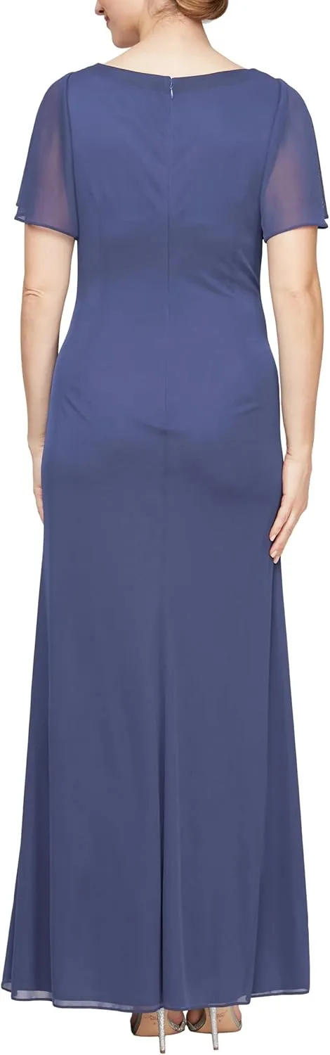 Alex Evenings Women's Long Surplice Neckline Mother of The Bride Dress with Flutter Sleeves and Hip Embellishment