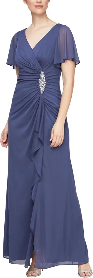 Alex Evenings Women's Long Surplice Neckline Mother of The Bride Dress with Flutter Sleeves and Hip Embellishment