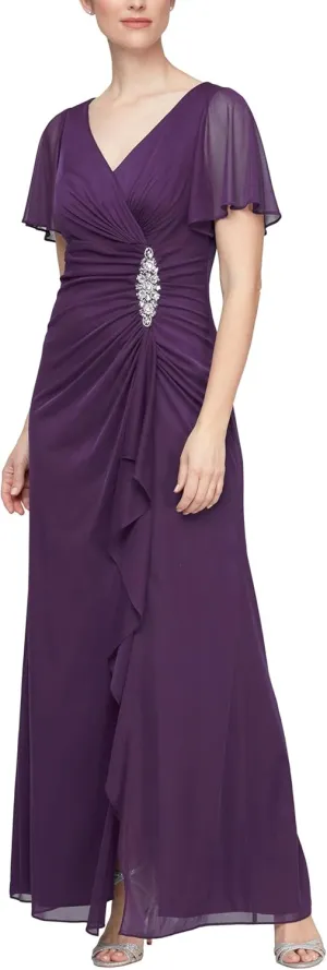 Alex Evenings Women's Long Surplice Neckline Mother of The Bride Dress with Flutter Sleeves and Hip Embellishment