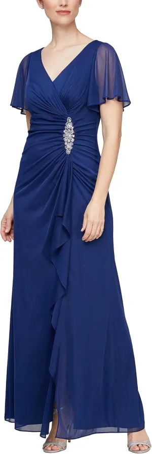 Alex Evenings Women's Long Surplice Neckline Mother of The Bride Dress with Flutter Sleeves and Hip Embellishment