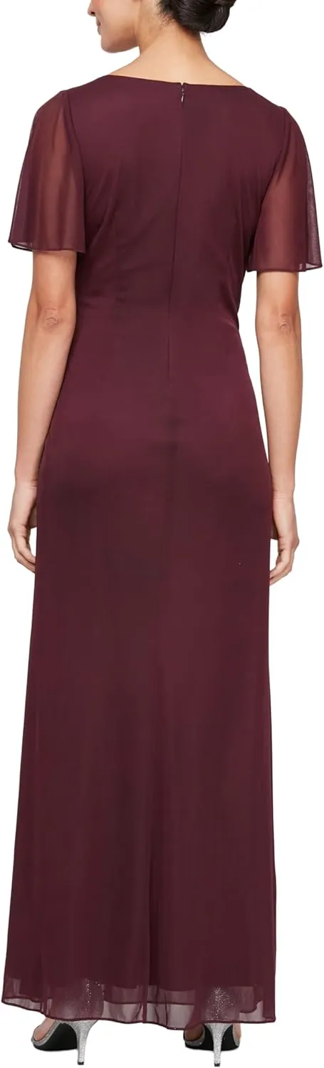 Alex Evenings Women's Long Surplice Neckline Mother of The Bride Dress with Flutter Sleeves and Hip Embellishment