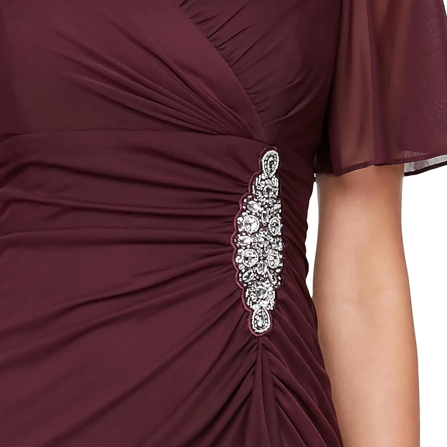 Alex Evenings Women's Long Surplice Neckline Mother of The Bride Dress with Flutter Sleeves and Hip Embellishment
