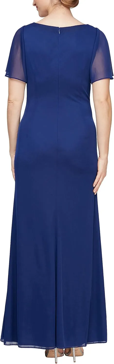 Alex Evenings Women's Long Surplice Neckline Mother of The Bride Dress with Flutter Sleeves and Hip Embellishment