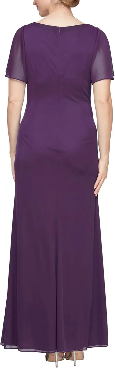 Alex Evenings Women's Long Surplice Neckline Mother of The Bride Dress with Flutter Sleeves and Hip Embellishment