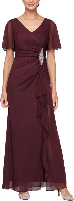 Alex Evenings Women's Long Surplice Neckline Mother of The Bride Dress with Flutter Sleeves and Hip Embellishment