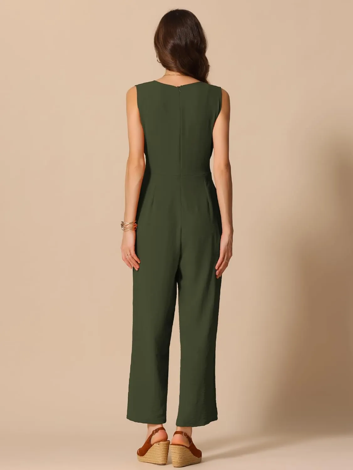 Allegra K Wide Leg Jumpsuit for Women's V Neck Casual Sleeveless Romper
