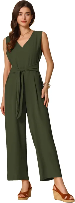 Allegra K Wide Leg Jumpsuit for Women's V Neck Casual Sleeveless Romper