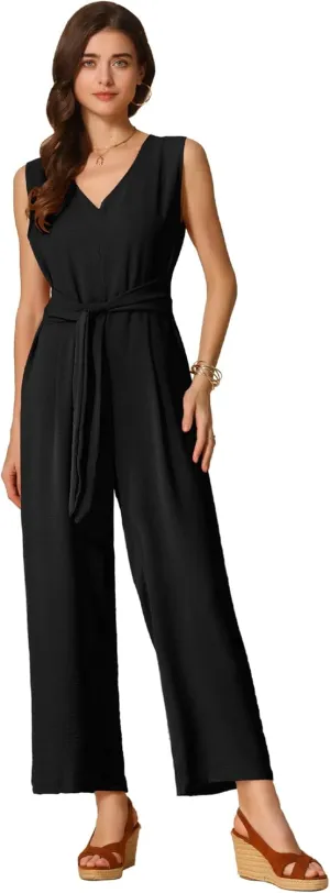 Allegra K Wide Leg Jumpsuit for Women's V Neck Casual Sleeveless Romper