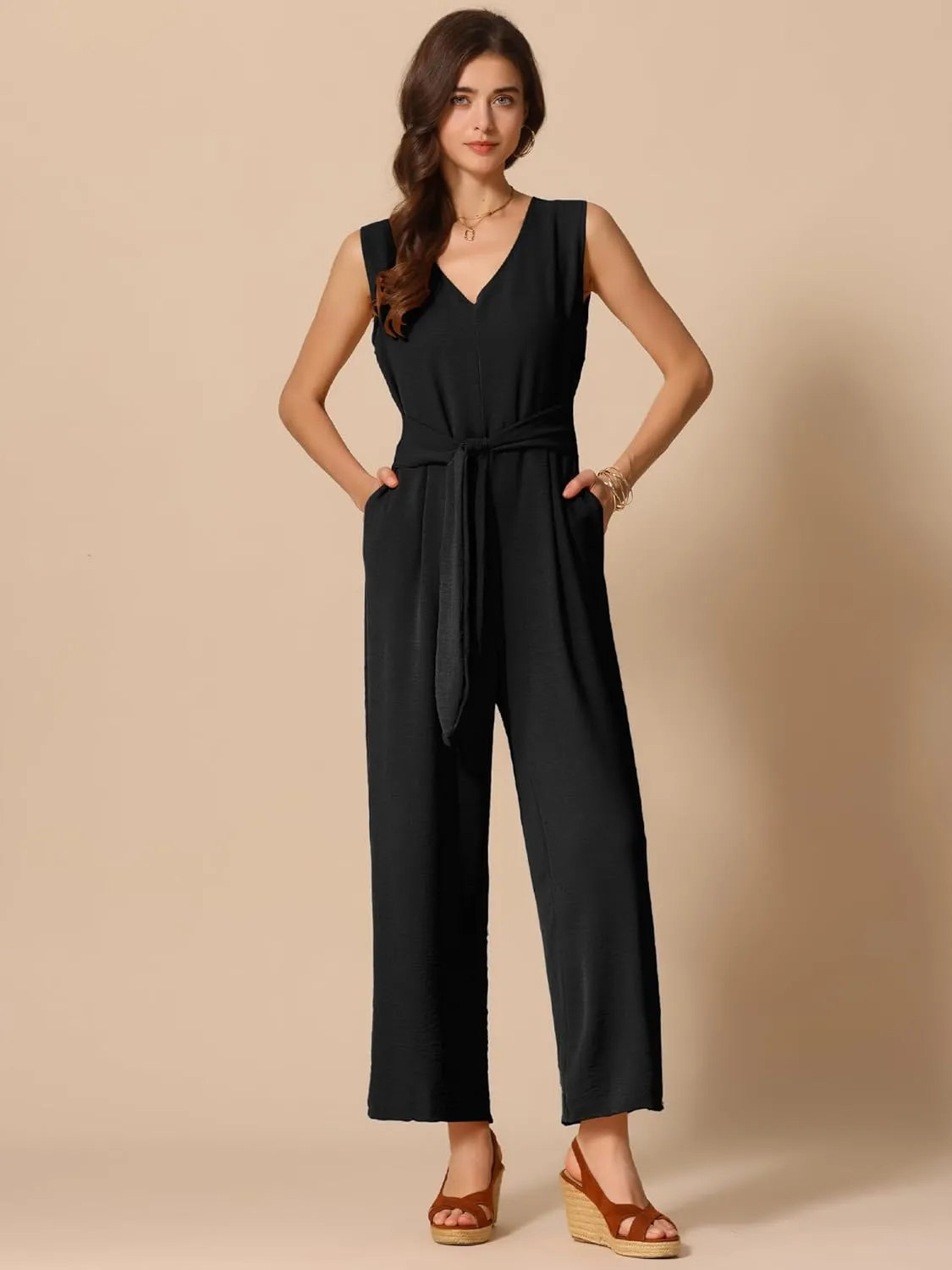 Allegra K Wide Leg Jumpsuit for Women's V Neck Casual Sleeveless Romper