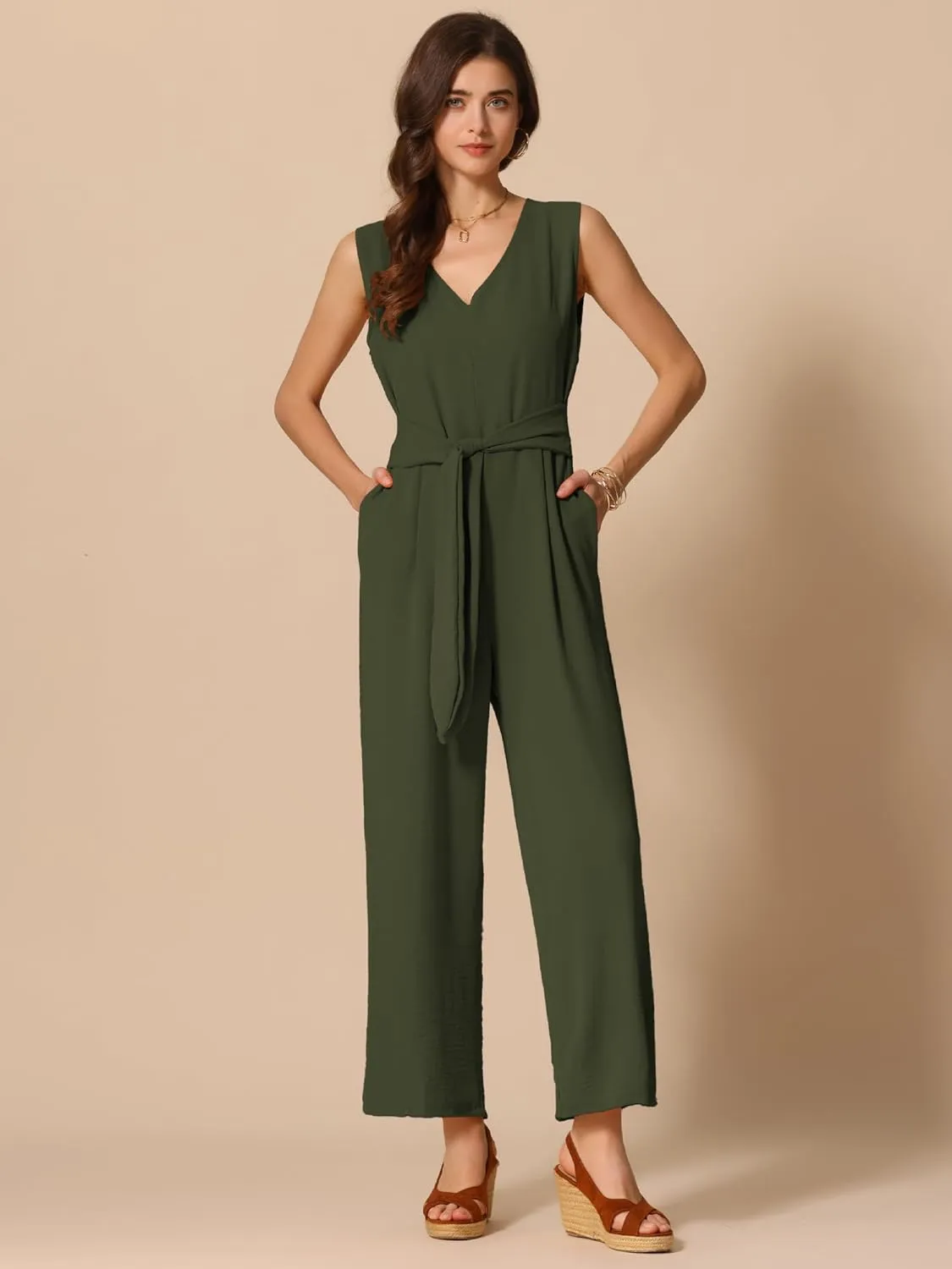 Allegra K Wide Leg Jumpsuit for Women's V Neck Casual Sleeveless Romper