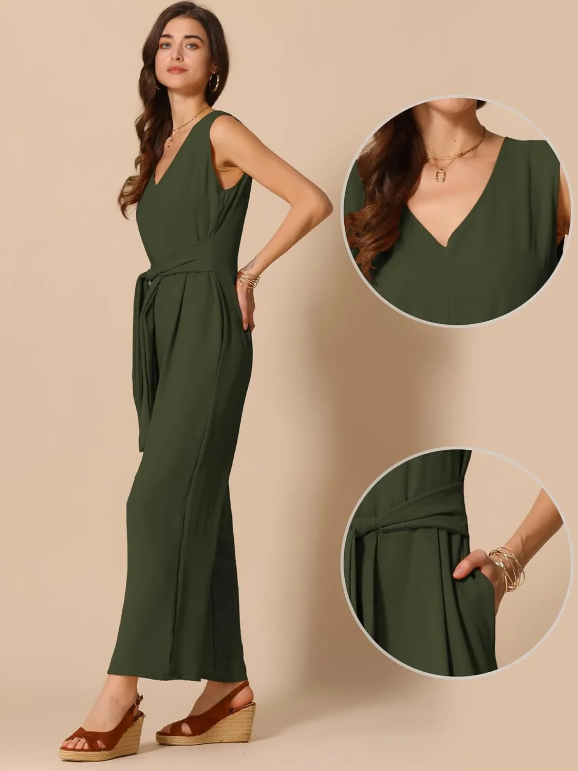 Allegra K Wide Leg Jumpsuit for Women's V Neck Casual Sleeveless Romper