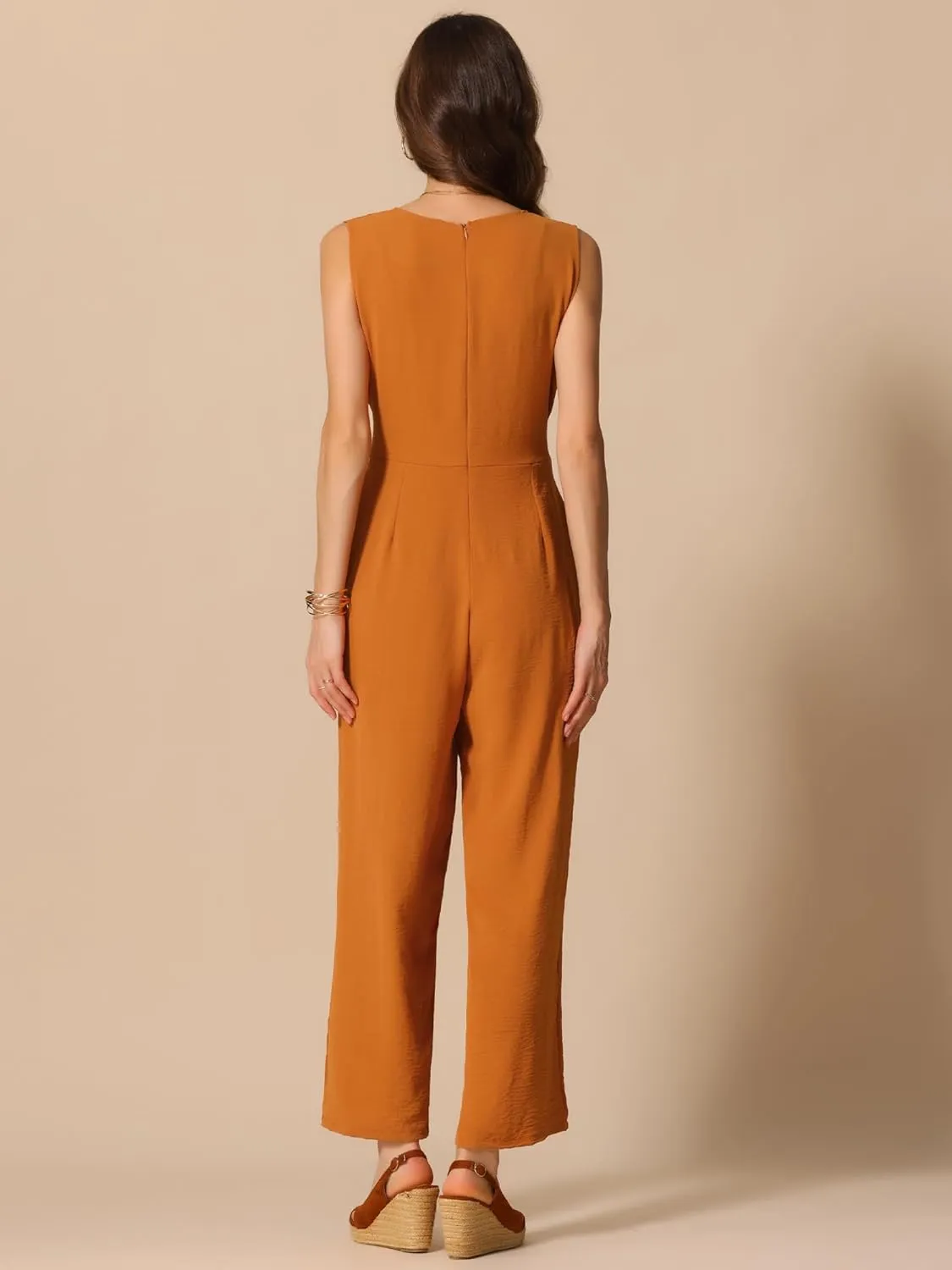 Allegra K Wide Leg Jumpsuit for Women's V Neck Casual Sleeveless Romper