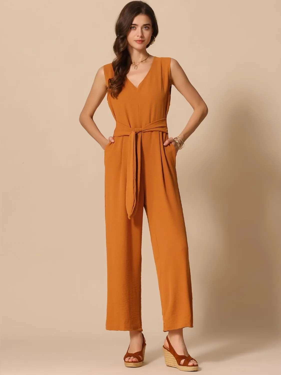 Allegra K Wide Leg Jumpsuit for Women's V Neck Casual Sleeveless Romper