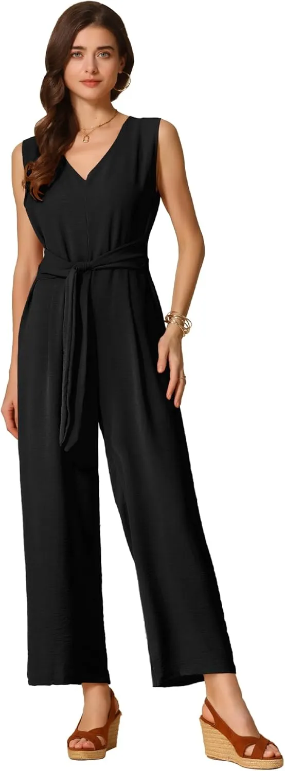 Allegra K Wide Leg Jumpsuit for Women's V Neck Casual Sleeveless Romper