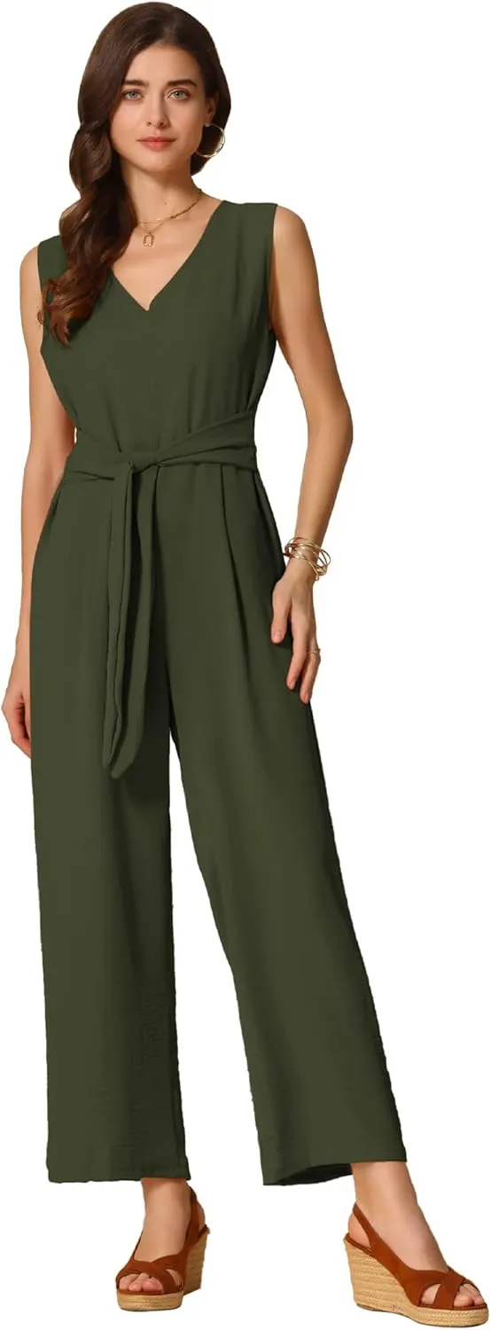 Allegra K Wide Leg Jumpsuit for Women's V Neck Casual Sleeveless Romper
