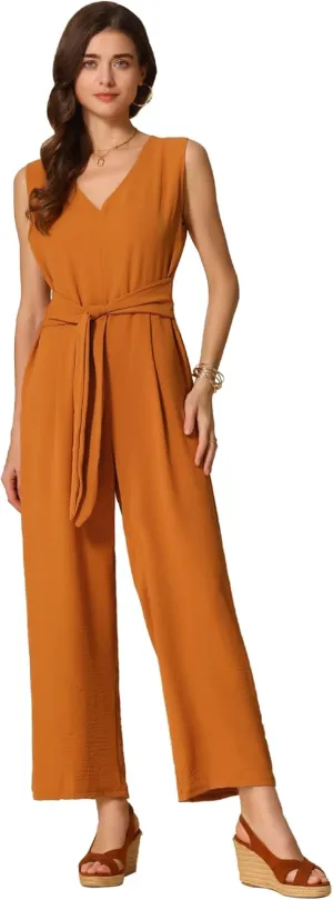 Allegra K Wide Leg Jumpsuit for Women's V Neck Casual Sleeveless Romper