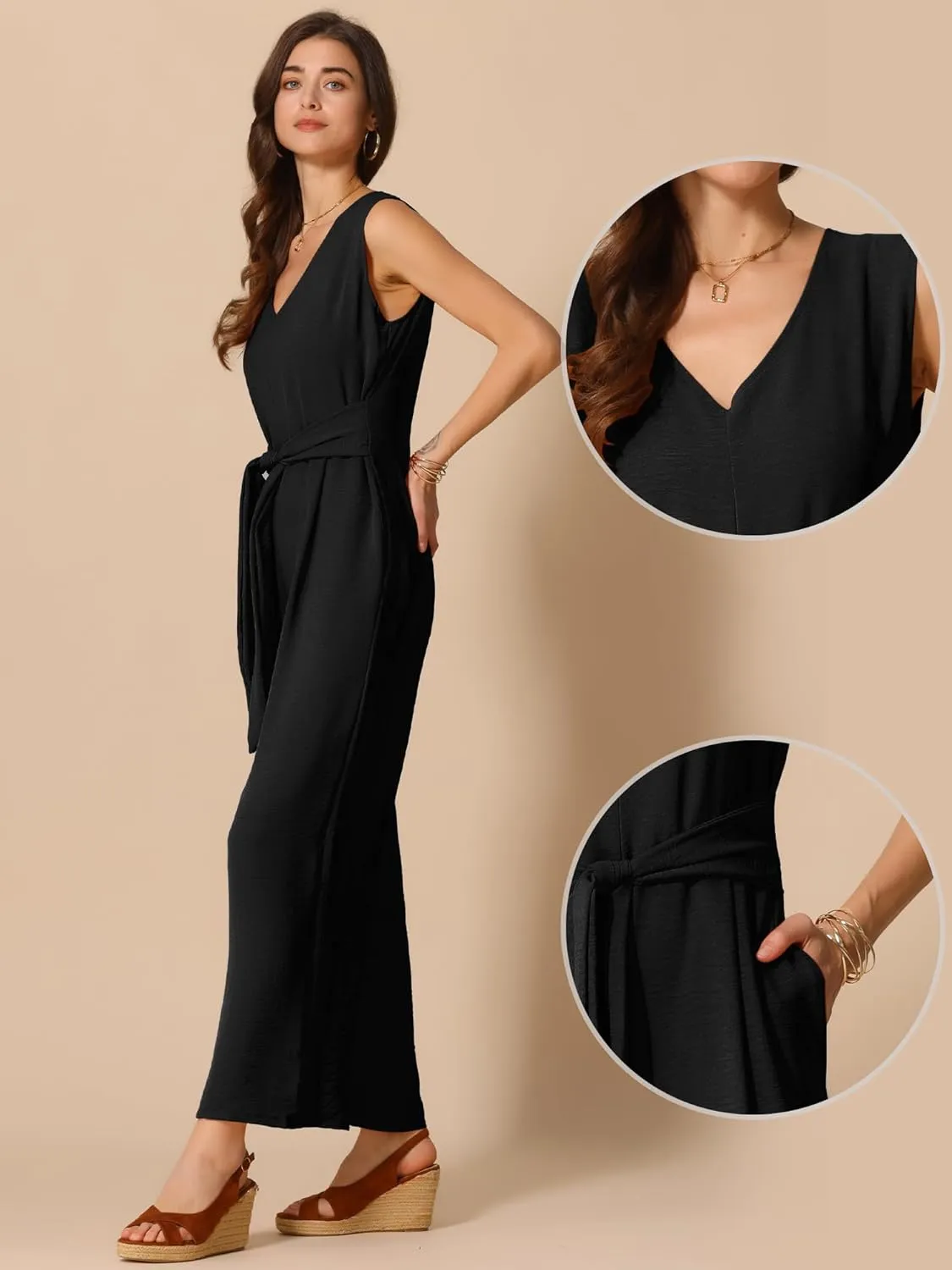 Allegra K Wide Leg Jumpsuit for Women's V Neck Casual Sleeveless Romper