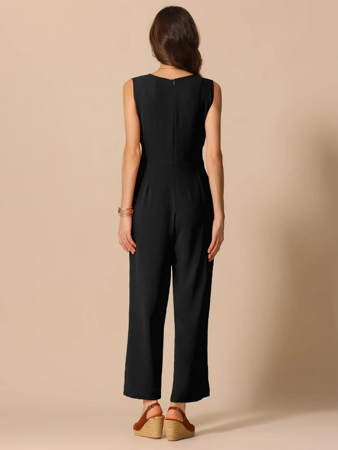 Allegra K Wide Leg Jumpsuit for Women's V Neck Casual Sleeveless Romper