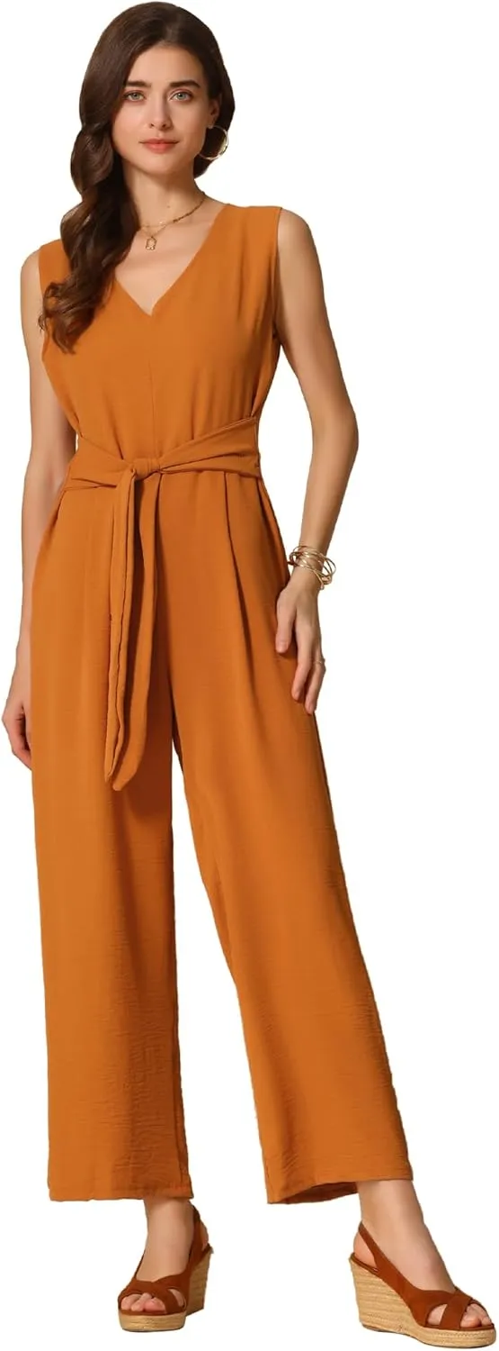 Allegra K Wide Leg Jumpsuit for Women's V Neck Casual Sleeveless Romper