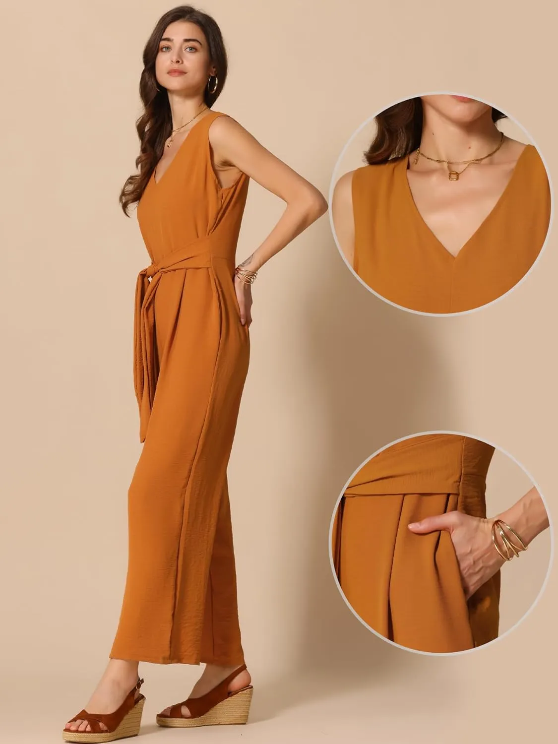 Allegra K Wide Leg Jumpsuit for Women's V Neck Casual Sleeveless Romper