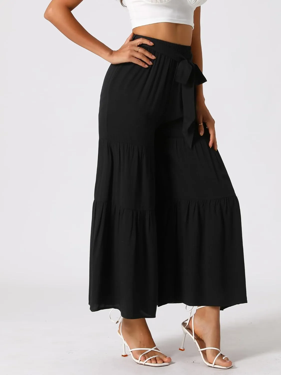 Allegra K Women's Boho Elastic High Waisted Ruffles Flare Palazzo Wide Leg Pants